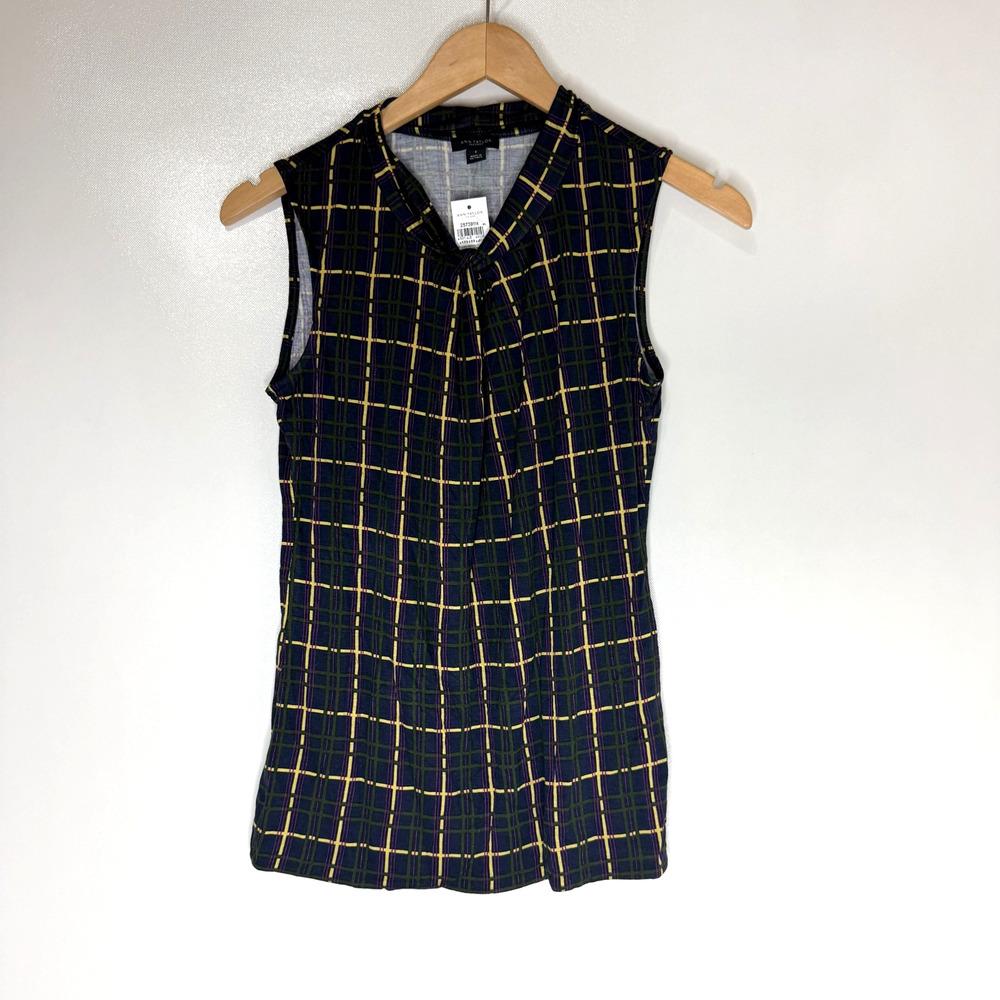 Ann Taylor NWT Sleeveless Tie Neck Plaid Blouse Blue Green Purple Women's Small